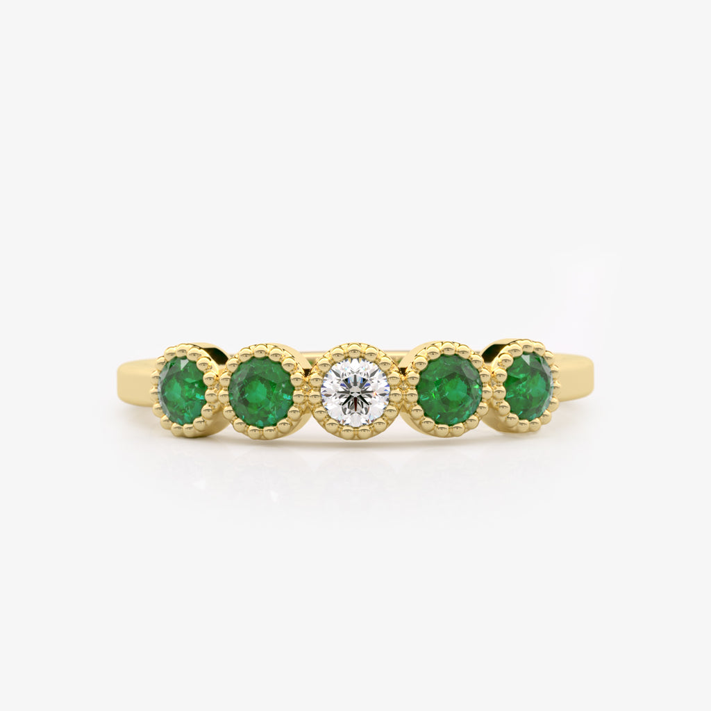 Bezel Emerald and Diamond Wedding Ring