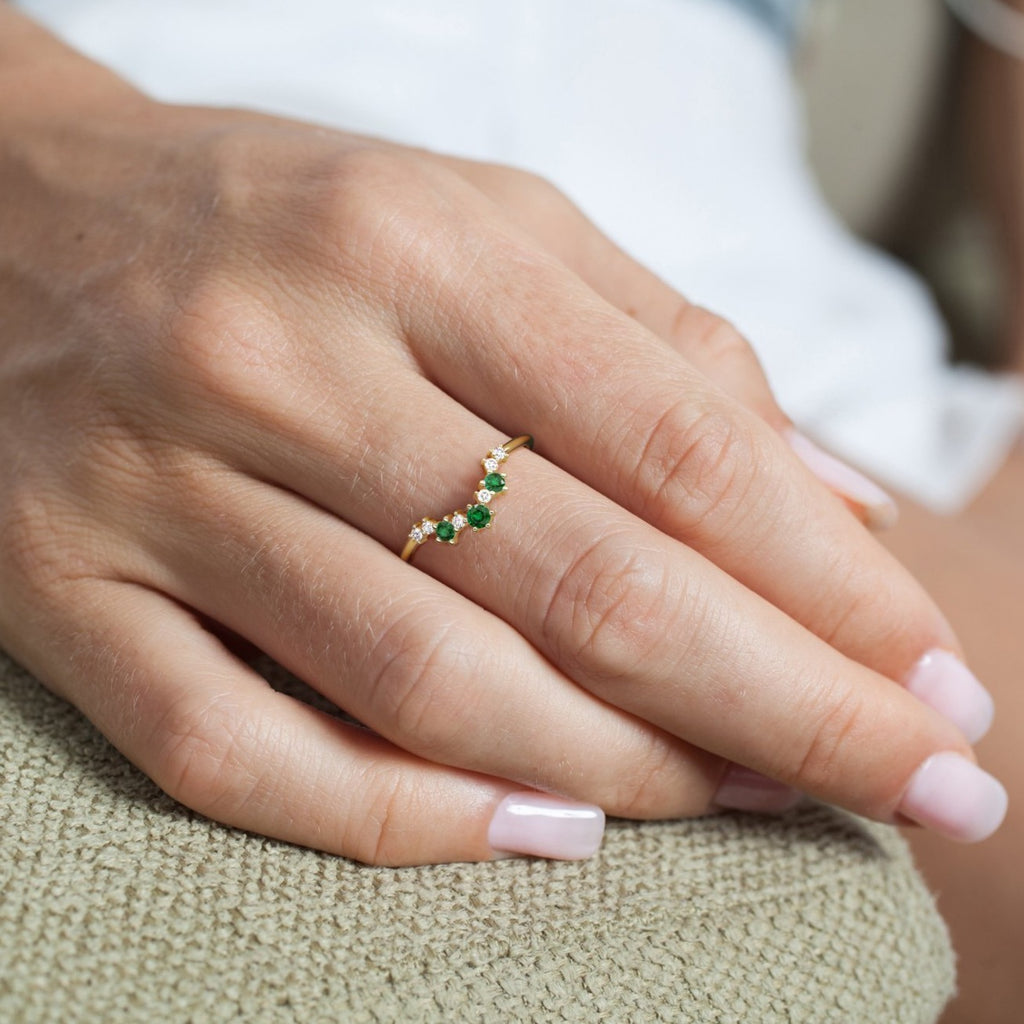 Emerald and Diamond Semi-Circle Ring