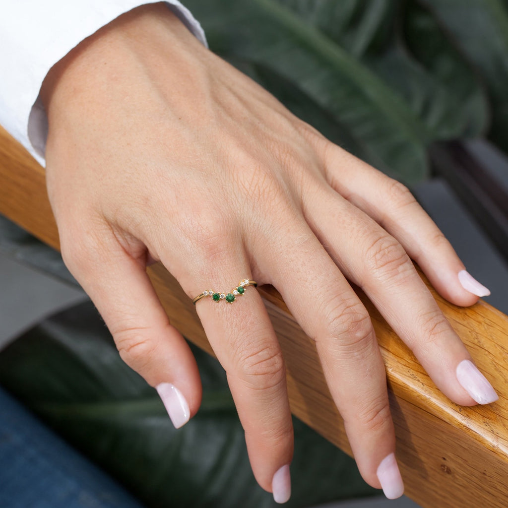 Emerald and Diamond Semi-Circle Ring