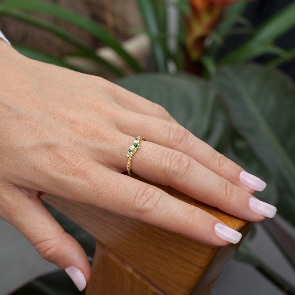 Emerald Diamond Granulated Chevron Ring