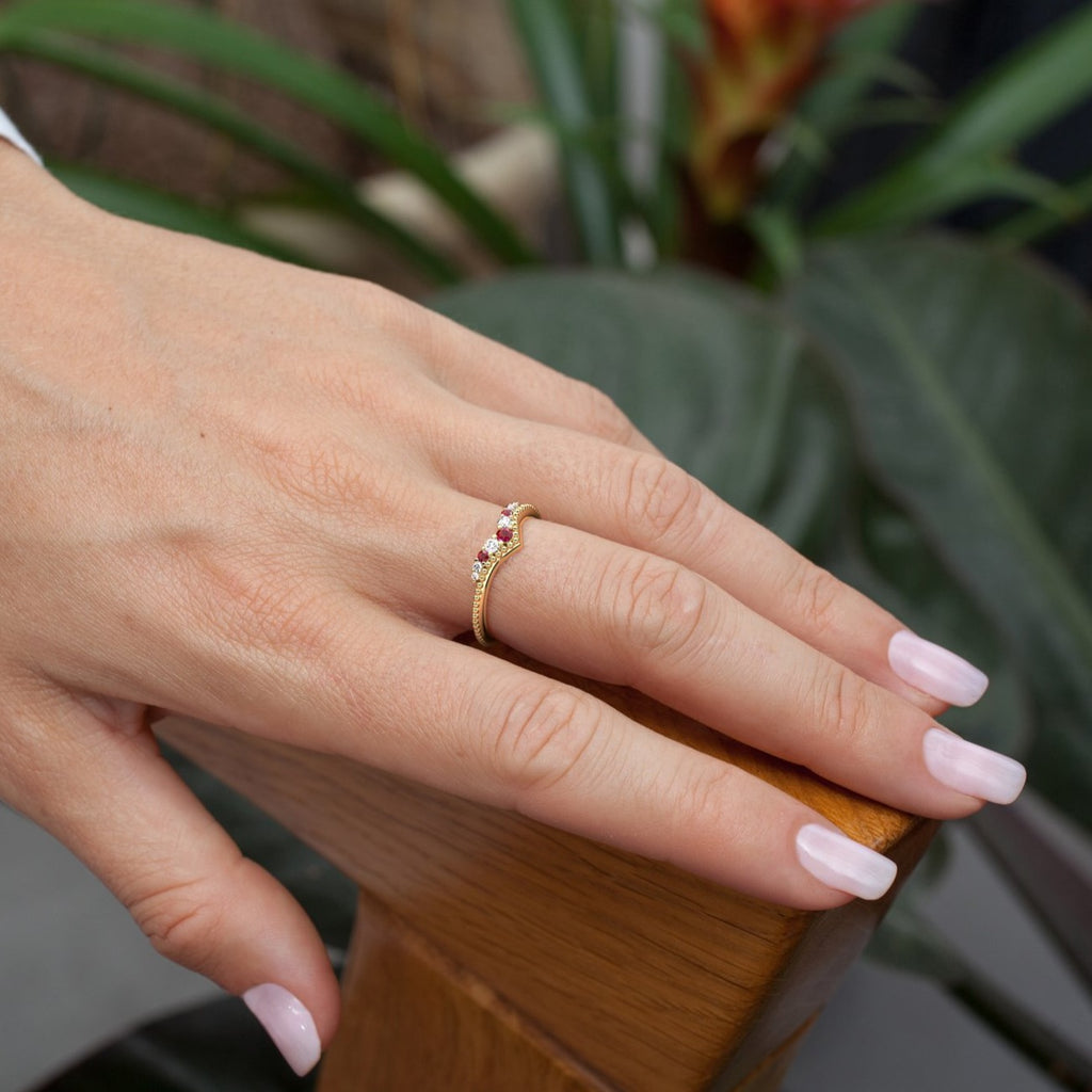 Ruby Diamond Granulated Chevron Ring